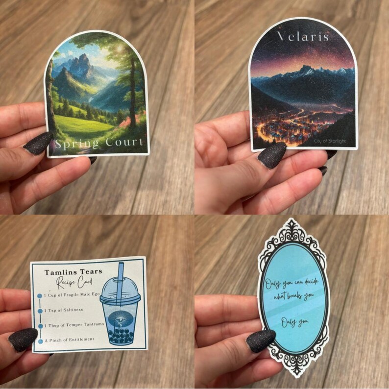 May include: Four different stickers featuring scenes from the book A Court of Thorns and Roses. The first sticker is a landscape scene with mountains and a path leading to a forest. The text "Spring Court" is at the bottom of the sticker. The second sticker is a night scene with a city in the distance and mountains in the background. The text "Velaris City of Starlight" is at the bottom of the sticker. The third sticker is a cartoon illustration of a bubble tea drink with the text "Tamlins Tears Recipe Card" and a list of ingredients. The fourth sticker is a blue and white oval sticker with the text "Only you can decide what breaks you Only you".
