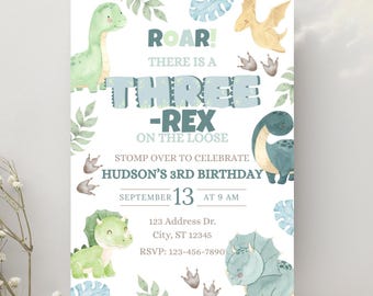 Dinosaur Birthday Invitation, Editable Three Rex Birthday Invite, Digital Boys Third Birthday Dino Party, Three-Rex On The Loose
