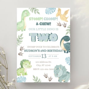 May include: A birthday invitation with watercolor illustrations of dinosaurs in shades of green, blue, and yellow. The text reads "STOMP! CHOMP! & CHEW! OUR LITTLE DINO IS TWO." Details include the birthday boy's name, date, time, and RSVP information.