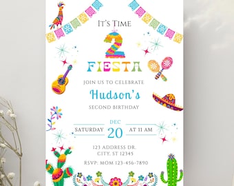 Time 2 Fiesta Geburtstagseinladung, Zweiter Geburtstag einladen, Fiesta Party Einladung, mexikanischer Fiesta Geburtstag, bearbeitbarer digitaler Download