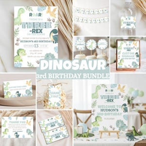 May include: A collection of dinosaur-themed party supplies, including invitations, cupcake toppers, water bottle labels, and signage. The designs feature watercolor illustrations of dinosaurs in shades of green, blue, and yellow, with the text "Three-Rex" and "3rd Birthday".