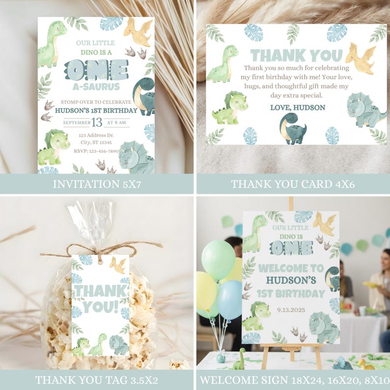 Set di inviti per il primo compleanno a tema dinosauri, decorazioni per la festa "One A-Saurus", invito di compleanno a tema dinosauri, decorazioni per il primo compleanno, striscione per seggiolone immagine 2