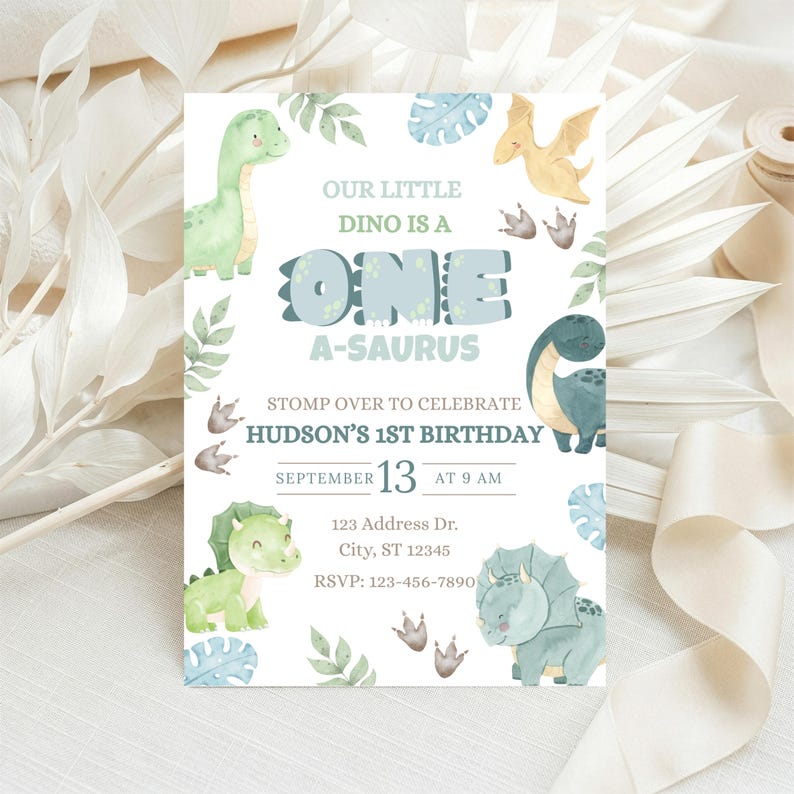 Rectangle Saurus Dinosaur Birthday Invitation, Dinosaur First Birthday Invitation, Dino ...