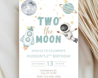 Two the Moon Birthday Invitation, 2nd Birthday Space Invite, Outer Space Party, Astronaut Rocket Theme, Boy Birthday, Digital Download