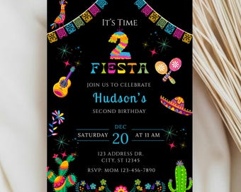 Time 2 Fiesta Geburtstagseinladung, Zweiter Geburtstag einladen, Fiesta Party Einladung, mexikanischer Fiesta Geburtstag, bearbeitbarer digitaler Download