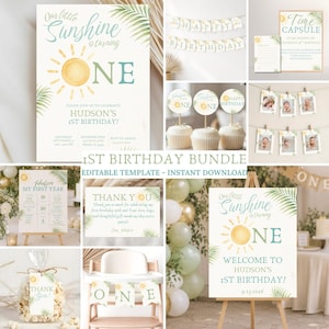 Peut inclure: Ensemble de décorations de fête pour le premier anniversaire sur le thème du soleil. Comprend des invitations, des décorations de cupcakes, une bannière, une pancarte de bienvenue et une carte de remerciement. Le code couleur est bleu clair, jaune et vert.