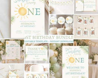 Modello per il primo compleanno "Little Sunshine", Modello per il primo compleanno "Boy One in the Sun", Pacchetto compleanno tropicale per il primo compleanno, Canva modificabile