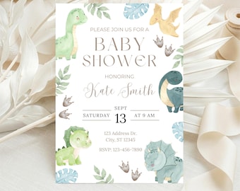 Zaproszenie na baby shower z motywem dinozaura, urocze zaproszenie na baby shower z dinozaurem, neutralne pod względem płci zaproszenie na baby shower, wersja cyfrowa do pobrania