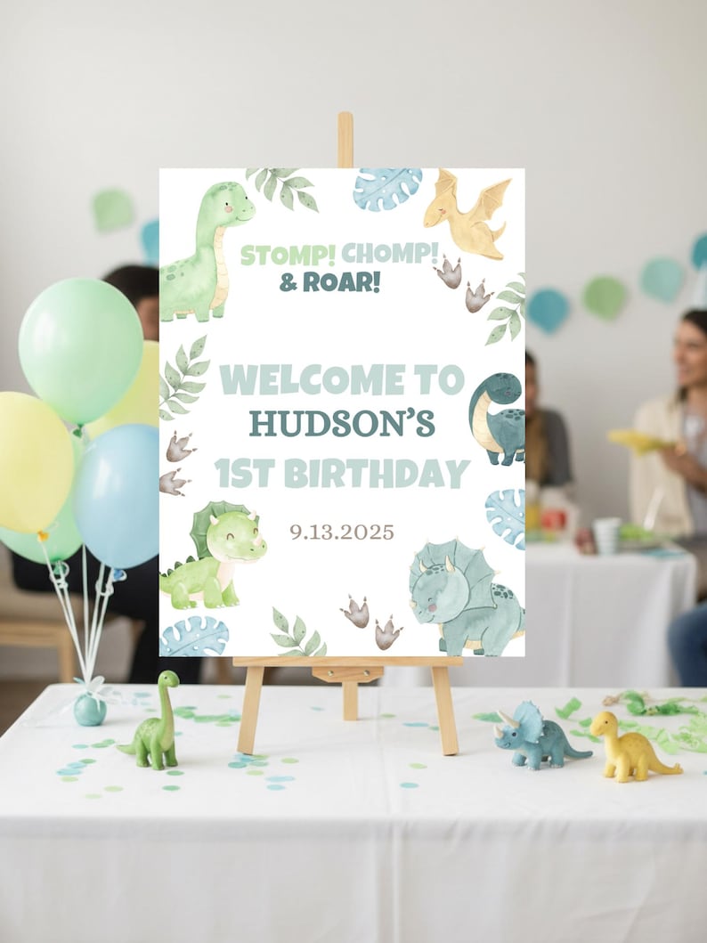 Set di inviti per il primo compleanno a tema dinosauri, decorazioni per la festa "One A-Saurus", invito di compleanno a tema dinosauri, decorazioni per il primo compleanno, striscione per seggiolone immagine 6