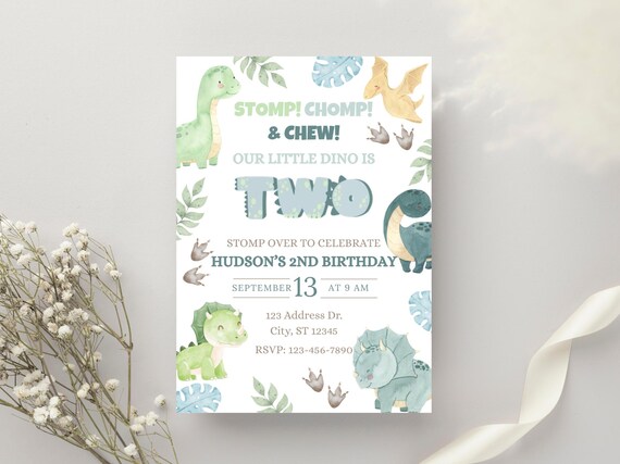 Dinosaur Birthday Invitation, Dinosaur 2nd Birthday Invitation, Stomp Chomp Two Dino Party Invite, Toddler Birthday, Digital Download