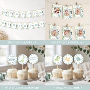 Set di inviti per il primo compleanno a tema dinosauri, decorazioni per la festa "One A-Saurus", invito di compleanno a tema dinosauri, decorazioni per il primo compleanno, striscione per seggiolone immagine 4