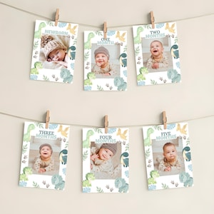 Pu&ograve; includere: Sei cartoline rettangolari per tappe fondamentali con illustrazioni ad acquerello di dinosauri e fogliame, ognuna con una foto di un bambino e il testo Newborn, One Month, Two Months, Three Months, Four Months e Five Months, appese a un filo.