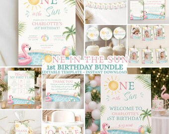 Modello per il pacchetto di compleanno "One in the Sun", decorazioni per il primo compleanno in piscina, pacchetto per il primo compleanno a tema tropicale, set modificabile su Canva.