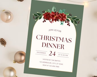 May include: A rectangular Christmas dinner invitation card with a sage green background and a central cream-colored arch. The top features watercolor poinsettias and holly berries. Text reads: JOIN US FOR CHRISTMAS DINNER DECEMBER 24 AT 6:30 PM.