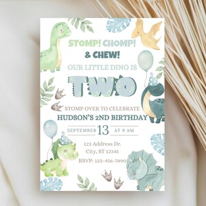 Dinosaur Birthday Invitation, Dinosaur 2nd Birthday Invitation, Stomp Chomp Two Dino Party Invite, Toddler Birthday, Digital Download