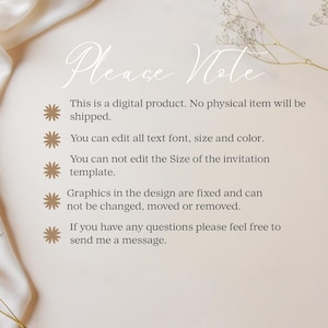 May include: A digital product announcement with the text "Please Note" in elegant script. The text details the product's digital nature, editability of text, and limitations on design modifications. Soft beige background with floral accents.