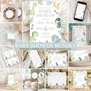 May include: A digital baby shower bundle featuring dinosaur illustrations, including an invitation, thank you tags, food labels, a menu, a guess the due date calendar, and welcome signs, all decorated with green and blue watercolour foliage.