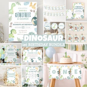 Pu&ograve; includere: Un set per il primo compleanno a tema dinosauri che include inviti, striscioni, decorazioni per cupcake, espositori per foto, cartelli di benvenuto, etichette di ringraziamento e schede dei traguardi con illustrazioni verdi e blu.