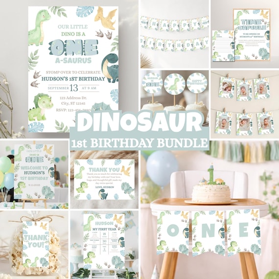 Dinosaur 1st Birthday invitation Bundle, One A-Saurus Party Decor, Dino Birthday Invite, 1st Birthday Decor, High Chair Banner