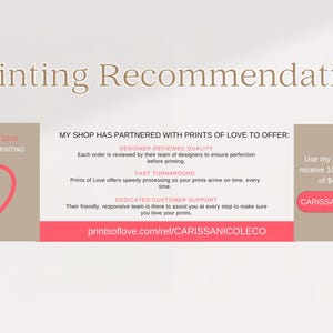 Pu&ograve; includere: Un grafico informativo intitolato Printing Recommendation con un logo a forma di cuore rosa per Prints of Love. Elenca servizi come qualit&agrave; revisionata dai designer, elaborazione rapida e assistenza clienti, con il codice coupon CARISSANICOLECO10.
