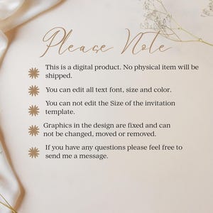 Pu&ograve; includere: Una scheda informativa di un prodotto digitale con il titolo Please Note in corsivo. Il testo elenca cinque punti riguardanti le capacit&agrave; di modifica di un modello di invito digitale, utilizzando elenchi puntati a forma di stella marrone su sfondo crema.