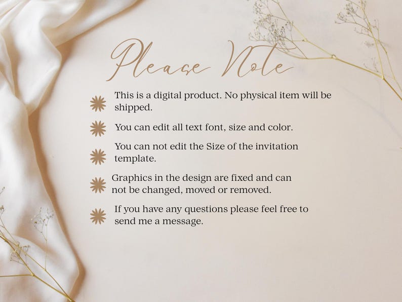 Pu&ograve; includere: Una scheda informativa di un prodotto digitale con il titolo Please Note in corsivo. Il testo elenca cinque punti riguardanti le capacit&agrave; di modifica di un modello di invito digitale, utilizzando elenchi puntati a forma di stella marrone su sfondo crema.