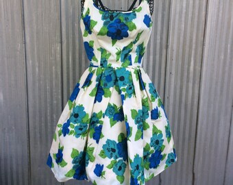 Vintage Floral crinoline dress 1950 / Silk satin day dress / 1950’s bebop crinoline dress
