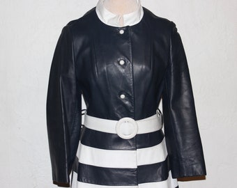 Very Rare MOD Twiggy Coat 1960 / Authentic Blue and White Striped Vintage Leather Coat / Hipster Style Groovy Chic Women