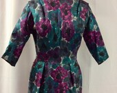 Vintage 1950s day dress floral patterned silk dress Audrey Hepburn style
