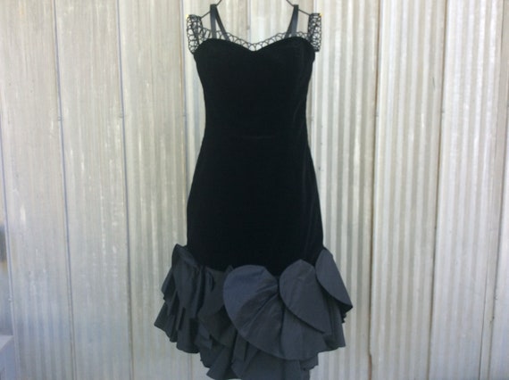 Louis Feraud 1980 Dress / Black Velvet and Silk Designer Dress Vintage Evening Gala