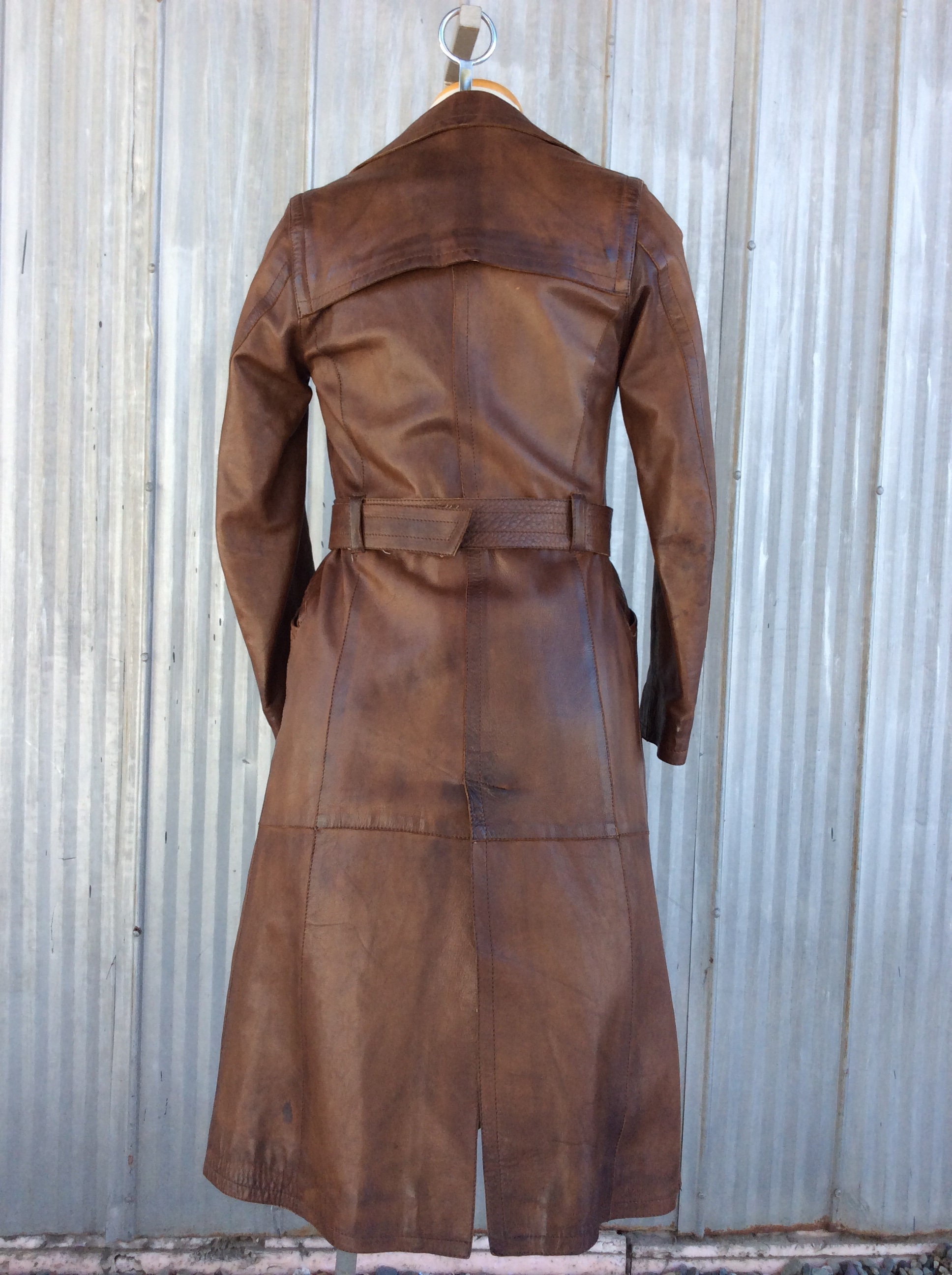 Vintage Military Leather Coat / Long Tan Leather Jacket