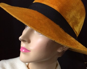 Vintage Herbert Johnson 1970 Funky Fedora Hat Woman /Hippie Mustard Wool Felt Fedora hat