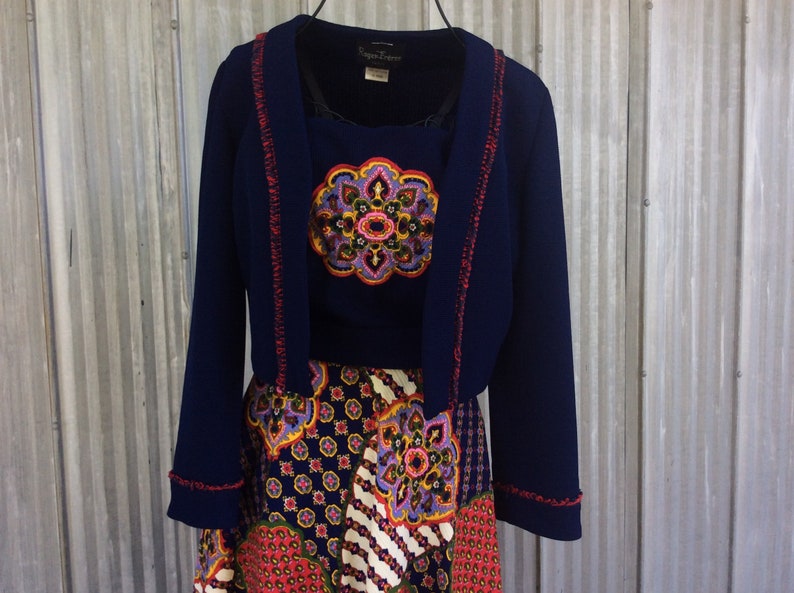 1970 Rogers Fr\u00e8res Paris dress Vintage dress and bolero Funky psychadelic long dress hippy chic style patchwork