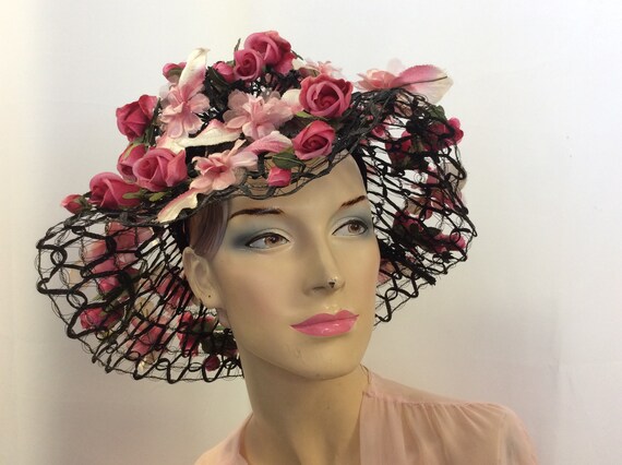Rare 1960 Flower Hat / Vintage Finely Woven Straw Hat with Fabric Flowers Designer Gwen Pennington / Kentucky Derby Chic