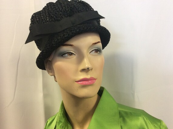 1950 black raffia cloche hat / Raffia braided hat… - image 2