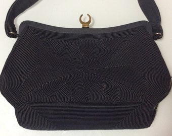 1950 Embroidered Handbag / Mid-century vintage purse / Black chic evening bag