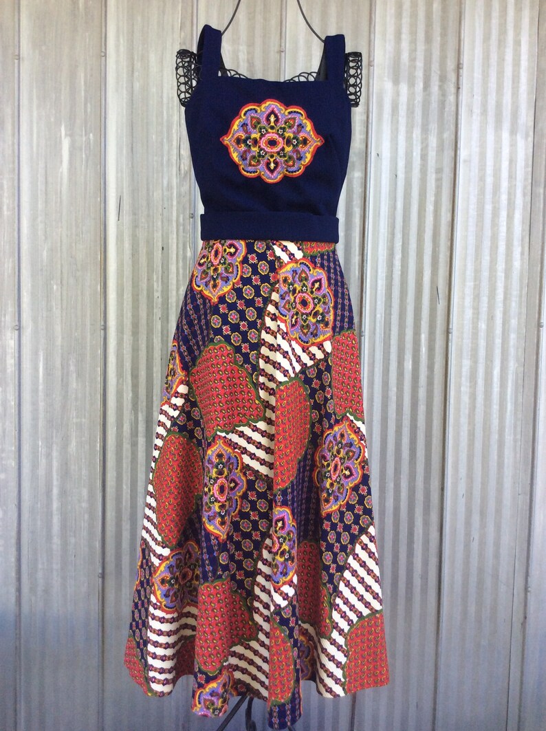 1970 Rogers Fr\u00e8res Paris dress Vintage dress and bolero Funky psychadelic long dress hippy chic style patchwork