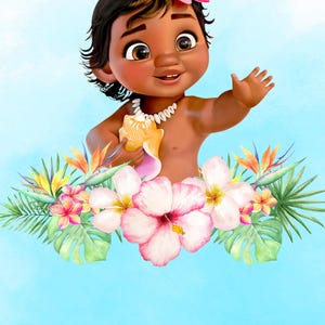 May include: A digital illustration of a young child with dark hair and a pink flower, wearing a shell necklace and holding a seashell. The text HAPPY BIRTHDAY appears at the top, surrounded by tropical hibiscus flowers, leaves, and spiral motifs.