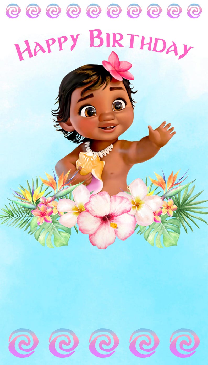 May include: A digital illustration of a young child with dark hair and a pink flower, wearing a shell necklace and holding a seashell. The text HAPPY BIRTHDAY appears at the top, surrounded by tropical hibiscus flowers, leaves, and spiral motifs.