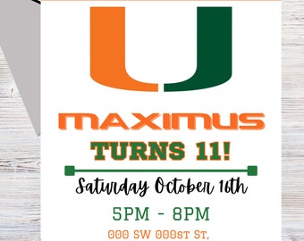 University of Miami Birthday or Tailgate party Invitation: Hurricanes Theme (Digital Download)