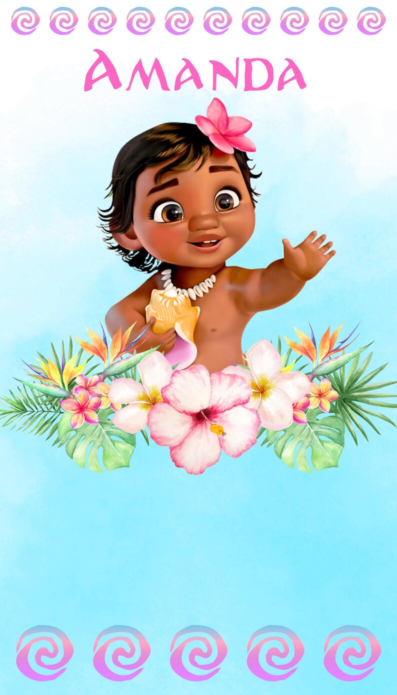 May include: A digital illustration of a baby with dark hair and a pink flower, wearing a shell necklace and holding a shell. The name AMANDA is printed in pink above the baby, surrounded by tropical flowers, green leaves, and pink spiral icons.