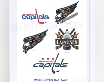 Puede incluir: Una impresión enmarcada en blanco que presenta una línea de tiempo de los logotipos del equipo de hockey sobre hielo de los Washington Capitals de 1974 a 2007. Los logotipos están en un estilo de acuarela e incluyen el nombre del equipo y el año.