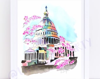 Capitole et cerisiers en fleurs | Impression aquarelle