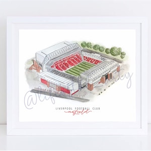 Puede incluir: Una ilustraci&oacute;n de acuarela del estadio de Anfield, hogar del Liverpool Football Club. El estadio est&aacute; representado en rojo y blanco con un campo verde. El texto "Liverpool Football Club Anfield" est&aacute; escrito debajo del estadio.