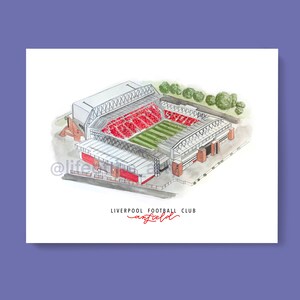 Puede incluir: Una ilustraci&oacute;n de acuarela del estadio de Anfield, hogar del Liverpool Football Club. El estadio se muestra desde una perspectiva a&eacute;rea, con las gradas llenas de asientos rojos y un campo verde en el centro. El texto "LIVERPOOL FOOTBALL CLUB Anfield" est&aacute; escrito debajo del estadio.