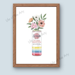 May include: A framed art print featuring a colorful can of Surfside Strawberry Lemonade + Vodka with a bouquet of flowers. The can has a striped design in shades of yellow, blue, and red. The flowers include pink, orange, and white blooms.
