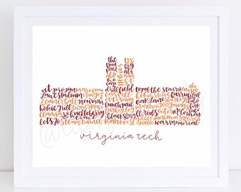 Hand-Drawn Maroon and Orange Virginia Tech Burruss Hall PRINT