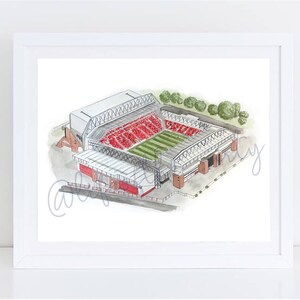 Puede incluir: Una ilustraci&oacute;n de acuarela de un estadio de f&uacute;tbol con asientos rojos y un campo verde. El estadio est&aacute; rodeado de una valla blanca y &aacute;rboles verdes.