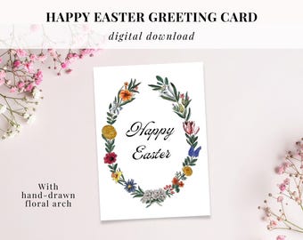 Carte de Joyeuses Pâques florale, carte de voeux imprimable (téléchargement PDF formats A2/A6/A7)