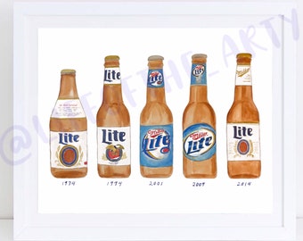 Evolution des bouteilles Miller Lite - Décoration murale à imprimé aquarelle, cadeau pour homme, oeuvre d'art sur la bière